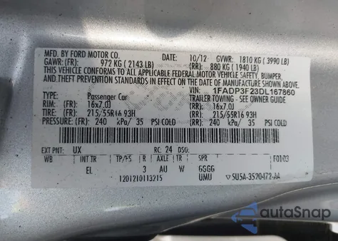 2013 Ford Focus Se from USA, damaged, VIN 1FADP3F23DL167860